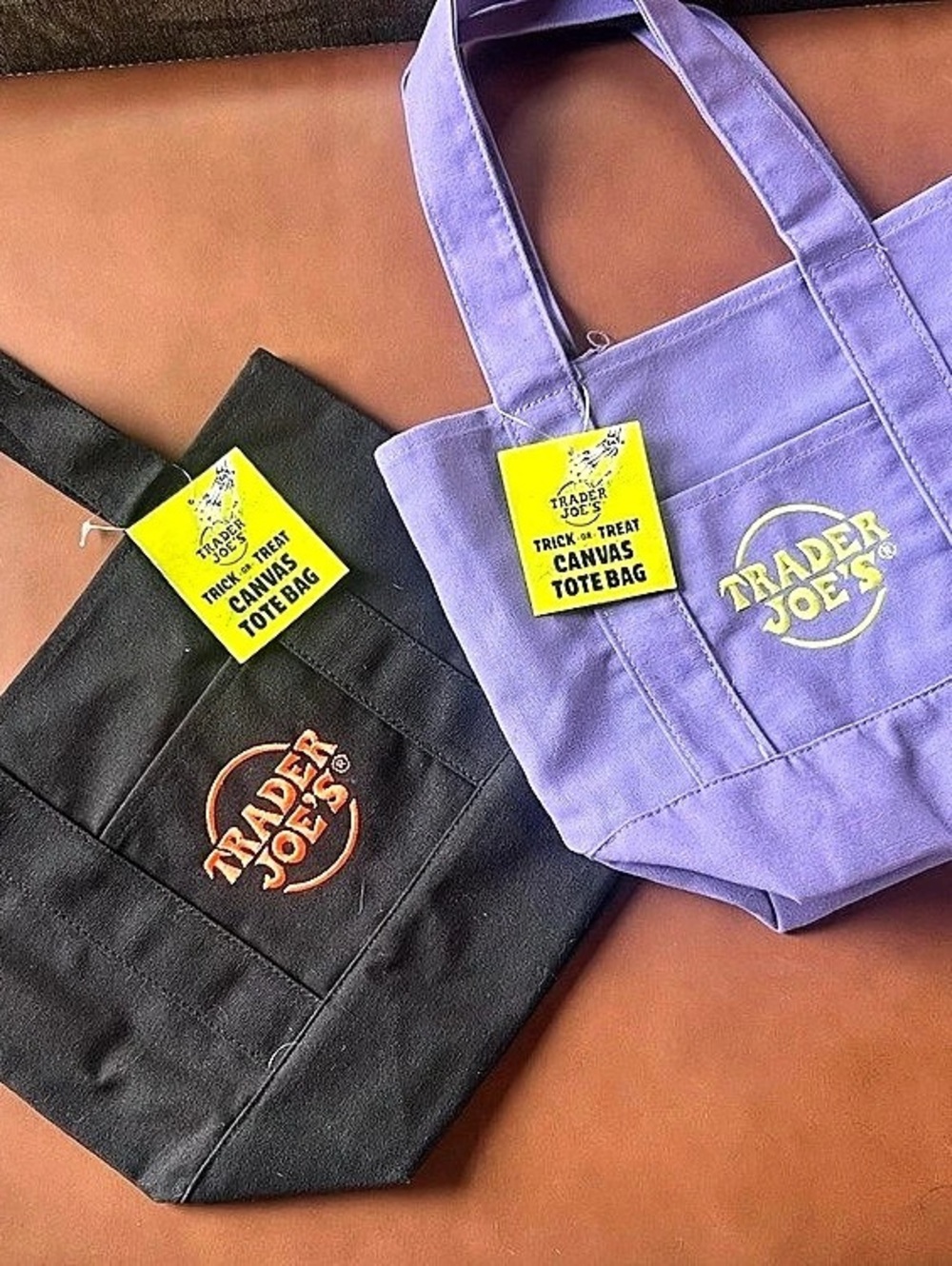 2 Trader Joe's Trick-or-Treat Mini Canvas Tote Bags Purple & Black NWT